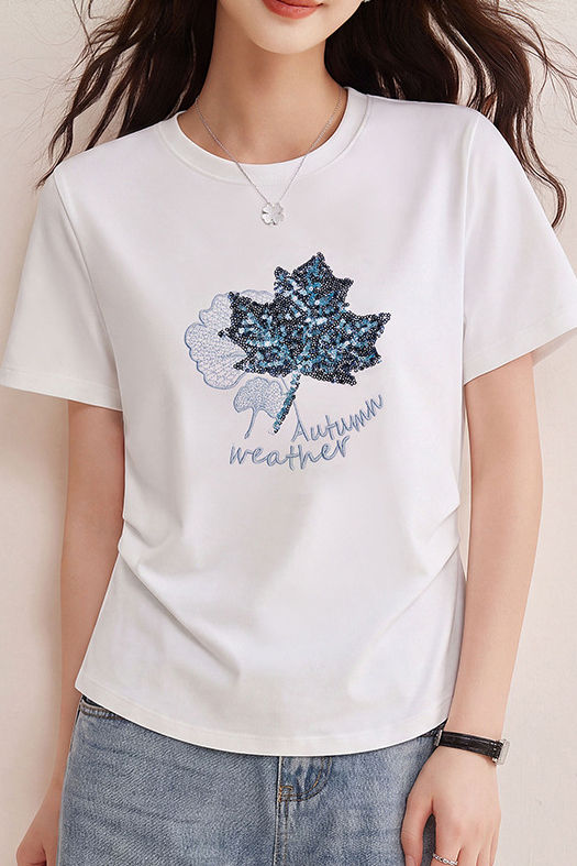 Casual Maple Leaf Sequin Embroidered T-Shirt - liwisi