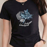 Casual Maple Leaf Sequin Embroidered T-Shirt - liwisi