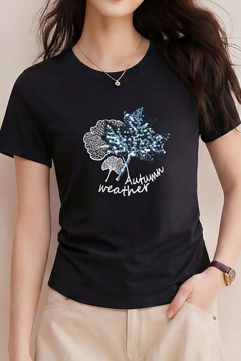 Casual Maple Leaf Sequin Embroidered T-Shirt - liwisi