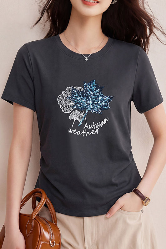 Casual Maple Leaf Sequin Embroidered T-Shirt - liwisi