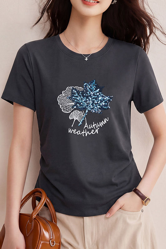 Casual Maple Leaf Sequin Embroidered T-Shirt - liwisi
