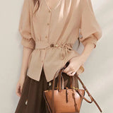 Gentle Commuter V-Neck Tie Waist Cinched Shirt - liwisi