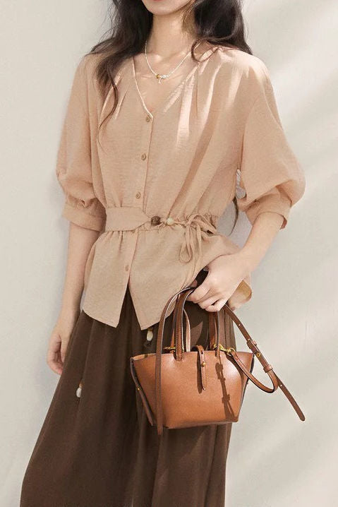 Gentle Commuter V-Neck Tie Waist Cinched Shirt - liwisi
