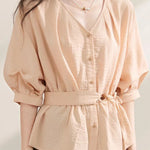 Gentle Commuter V-Neck Tie Waist Cinched Shirt - liwisi