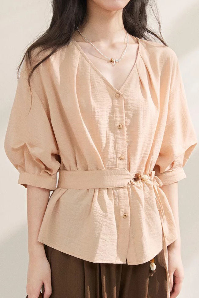 Gentle Commuter V-Neck Tie Waist Cinched Shirt - liwisi