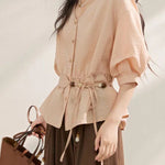 Gentle Commuter V-Neck Tie Waist Cinched Shirt - liwisi