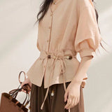 Gentle Commuter V-Neck Tie Waist Cinched Shirt - liwisi
