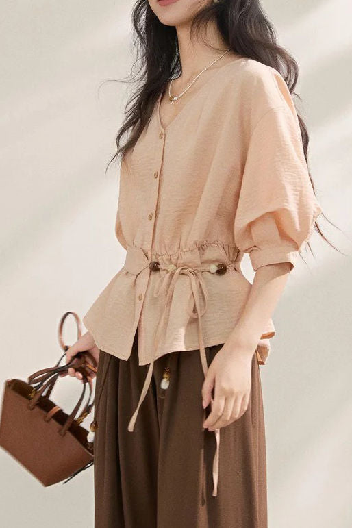Gentle Commuter V-Neck Tie Waist Cinched Shirt - liwisi