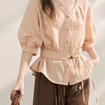 Gentle Commuter V-Neck Tie Waist Cinched Shirt - liwisi