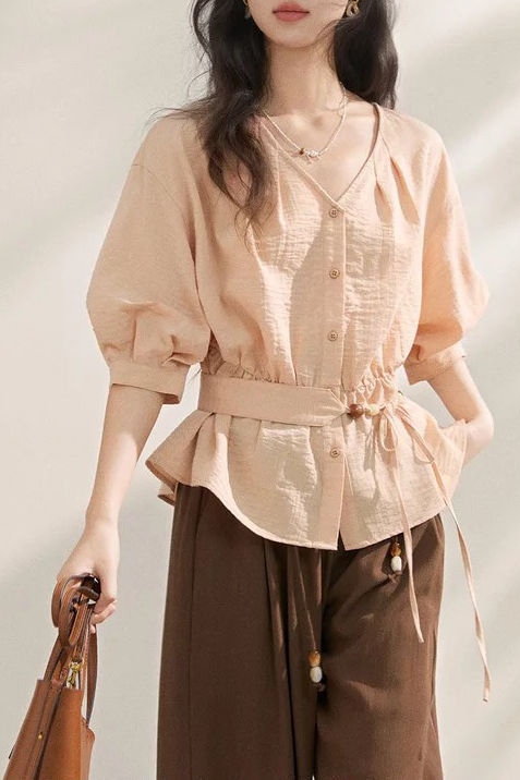 Gentle Commuter V-Neck Tie Waist Cinched Shirt - liwisi