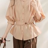 Gentle Commuter V-Neck Tie Waist Cinched Shirt - liwisi
