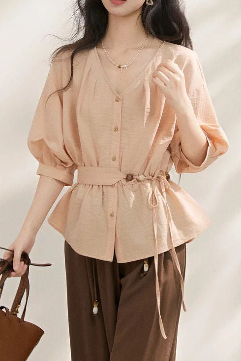 Gentle Commuter V-Neck Tie Waist Cinched Shirt - liwisi