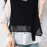 Elegant Fake Two-Piece Spliced Short Sleeve Shirt - liwisi
