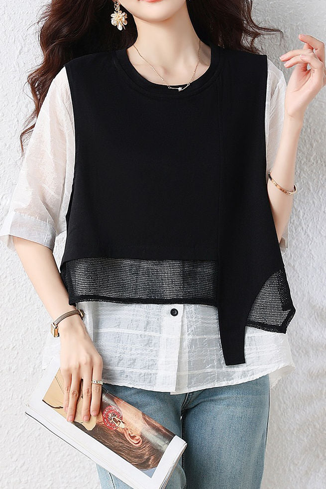 Elegant Fake Two-Piece Spliced Short Sleeve Shirt - liwisi