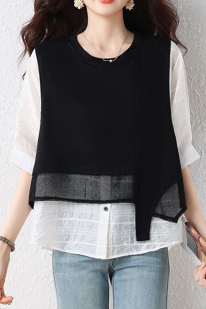 Elegant Fake Two-Piece Spliced Short Sleeve Shirt - liwisi