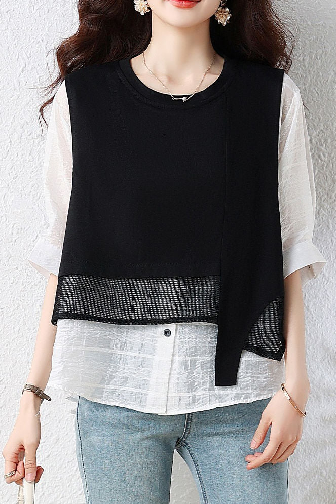 Elegant Fake Two-Piece Spliced Short Sleeve Shirt - liwisi