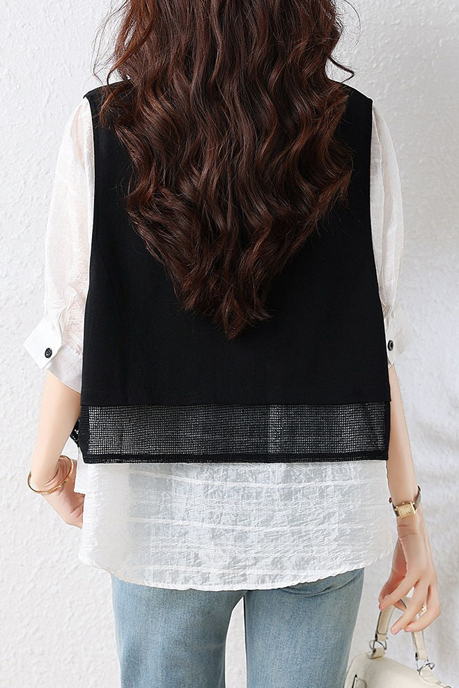 Elegant Fake Two-Piece Spliced Short Sleeve Shirt - liwisi