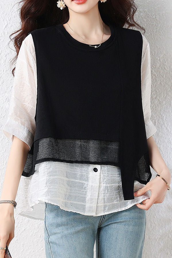 Elegant Fake Two-Piece Spliced Short Sleeve Shirt - liwisi