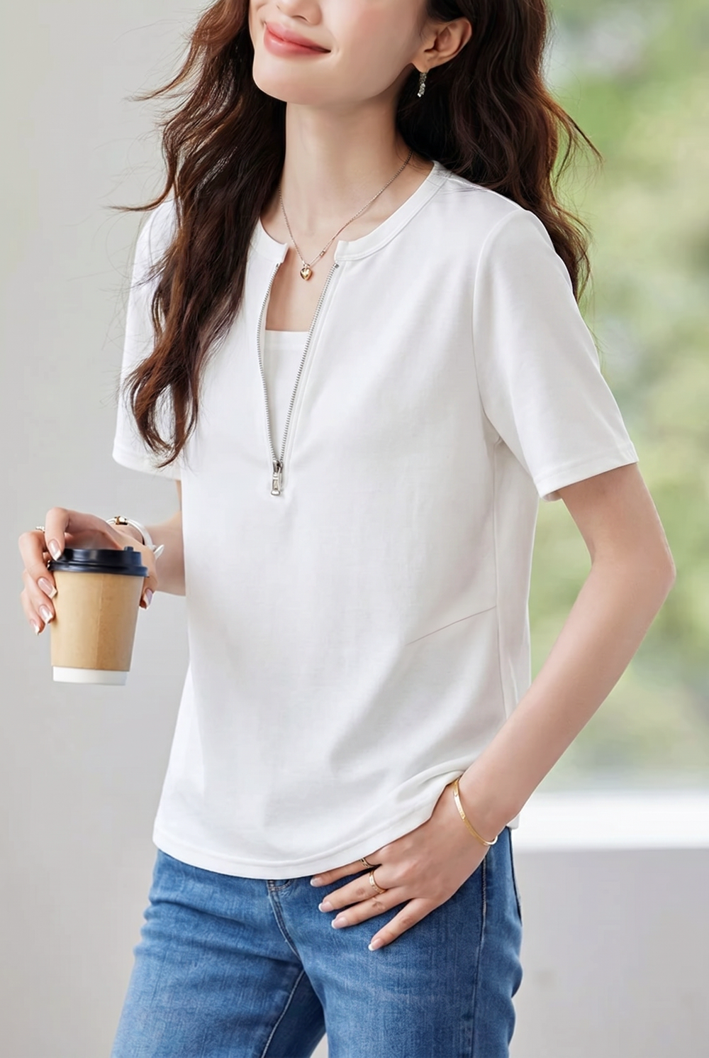Casual Fake Two-Piece Zipper Short Sleeve T-Shirt - liwisi