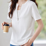 Casual Fake Two-Piece Zipper Short Sleeve T-Shirt - liwisi