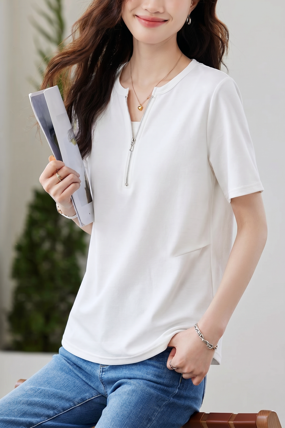 Casual Fake Two-Piece Zipper Short Sleeve T-Shirt - liwisi