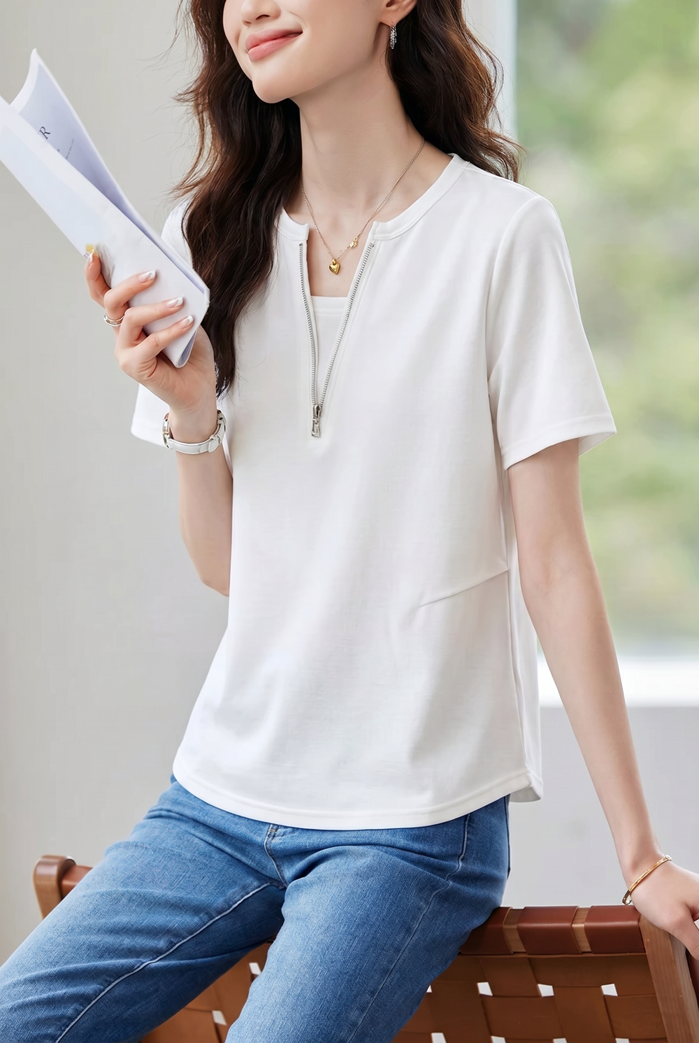 Casual Fake Two-Piece Zipper Short Sleeve T-Shirt - liwisi