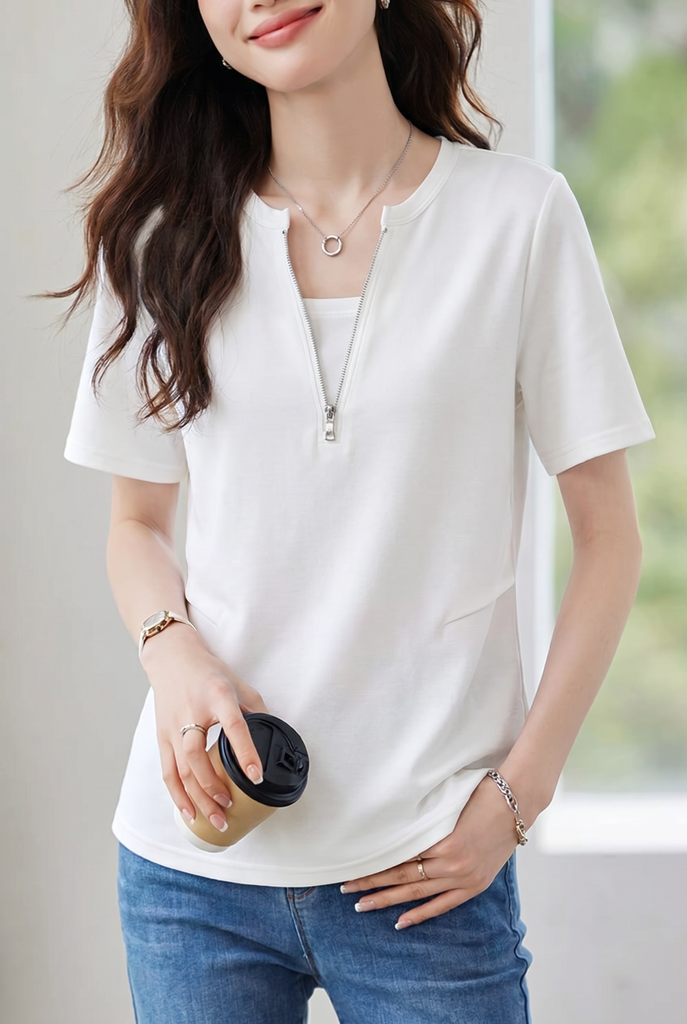 Casual Fake Two-Piece Zipper Short Sleeve T-Shirt - liwisi