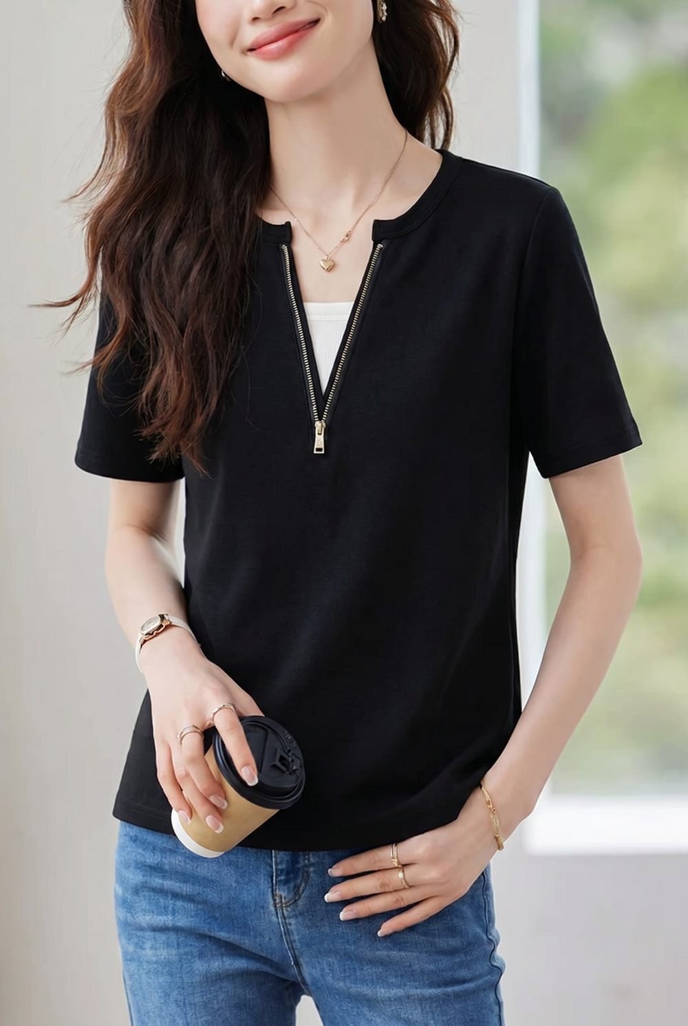 Casual Fake Two-Piece Zipper Short Sleeve T-Shirt - liwisi