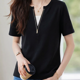Casual Fake Two-Piece Zipper Short Sleeve T-Shirt - liwisi