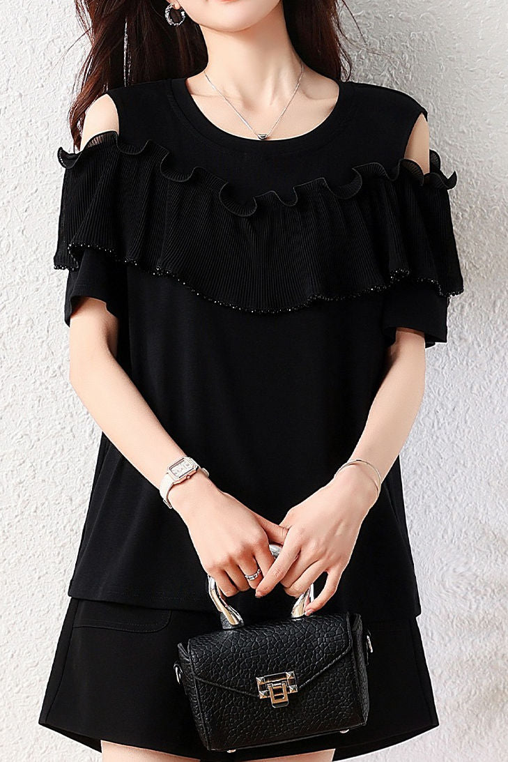 Elegant Round Neck Ruffled Pleated Off Shoulder T-Shirt - liwisi