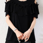 Elegant Round Neck Ruffled Pleated Off Shoulder T-Shirt - liwisi
