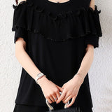 Elegant Round Neck Ruffled Pleated Off Shoulder T-Shirt - liwisi