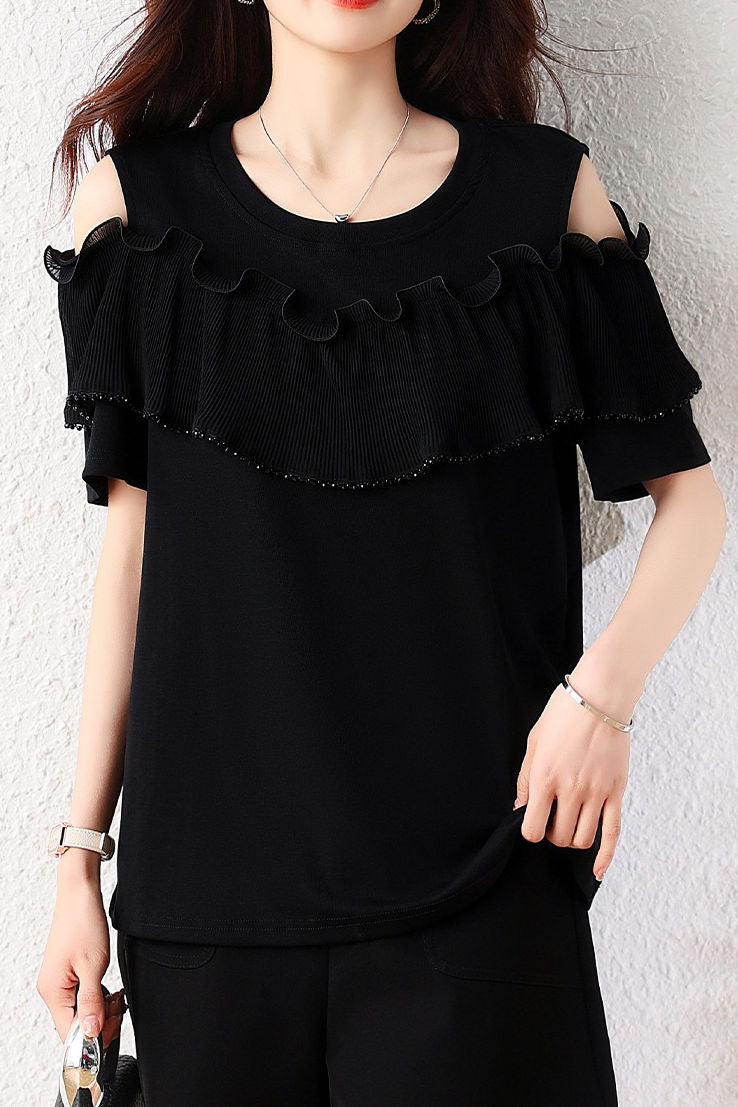 Elegant Round Neck Ruffled Pleated Off Shoulder T-Shirt - liwisi