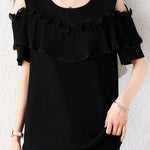 Elegant Round Neck Ruffled Pleated Off Shoulder T-Shirt - liwisi
