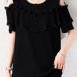 Elegant Round Neck Ruffled Pleated Off Shoulder T-Shirt - liwisi