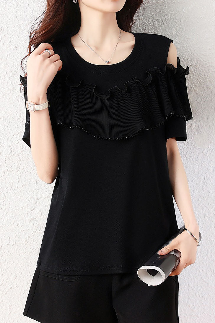 Elegant Round Neck Ruffled Pleated Off Shoulder T-Shirt - liwisi