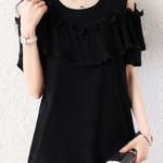 Elegant Round Neck Ruffled Pleated Off Shoulder T-Shirt - liwisi