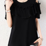 Elegant Round Neck Ruffled Pleated Off Shoulder T-Shirt - liwisi