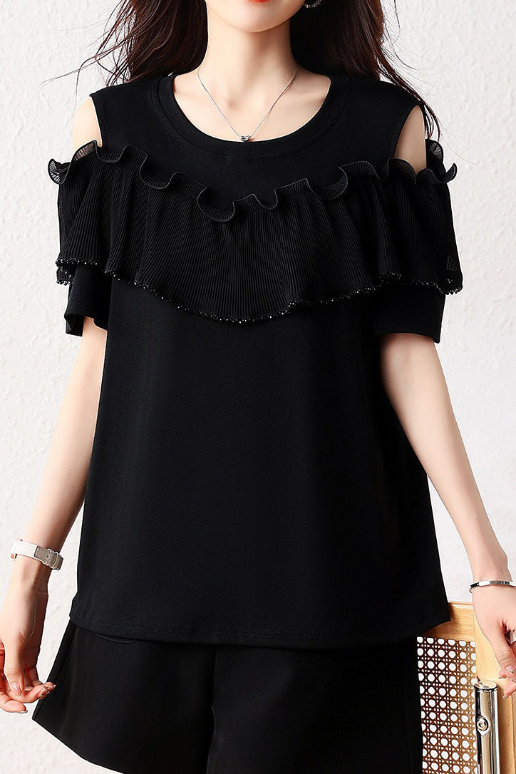 Elegant Round Neck Ruffled Pleated Off Shoulder T-Shirt - liwisi