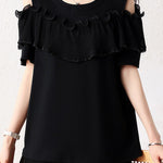 Elegant Round Neck Ruffled Pleated Off Shoulder T-Shirt - liwisi