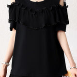 Elegant Round Neck Ruffled Pleated Off Shoulder T-Shirt - liwisi