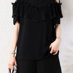 Elegant Round Neck Ruffled Pleated Off Shoulder T-Shirt - liwisi