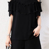 Elegant Round Neck Ruffled Pleated Off Shoulder T-Shirt - liwisi