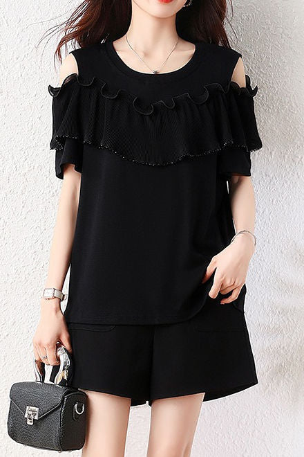 Elegant Round Neck Ruffled Pleated Off Shoulder T-Shirt - liwisi