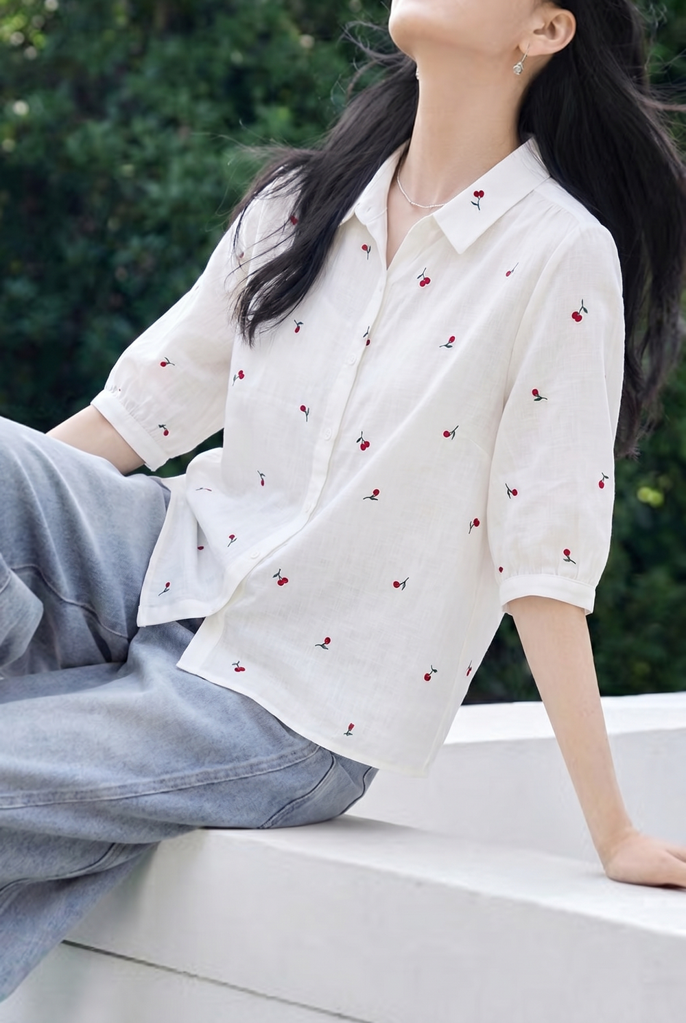 Casual Embroidered Cherry Short Sleeve Shirt - liwisi