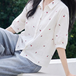 Casual Embroidered Cherry Short Sleeve Shirt - liwisi