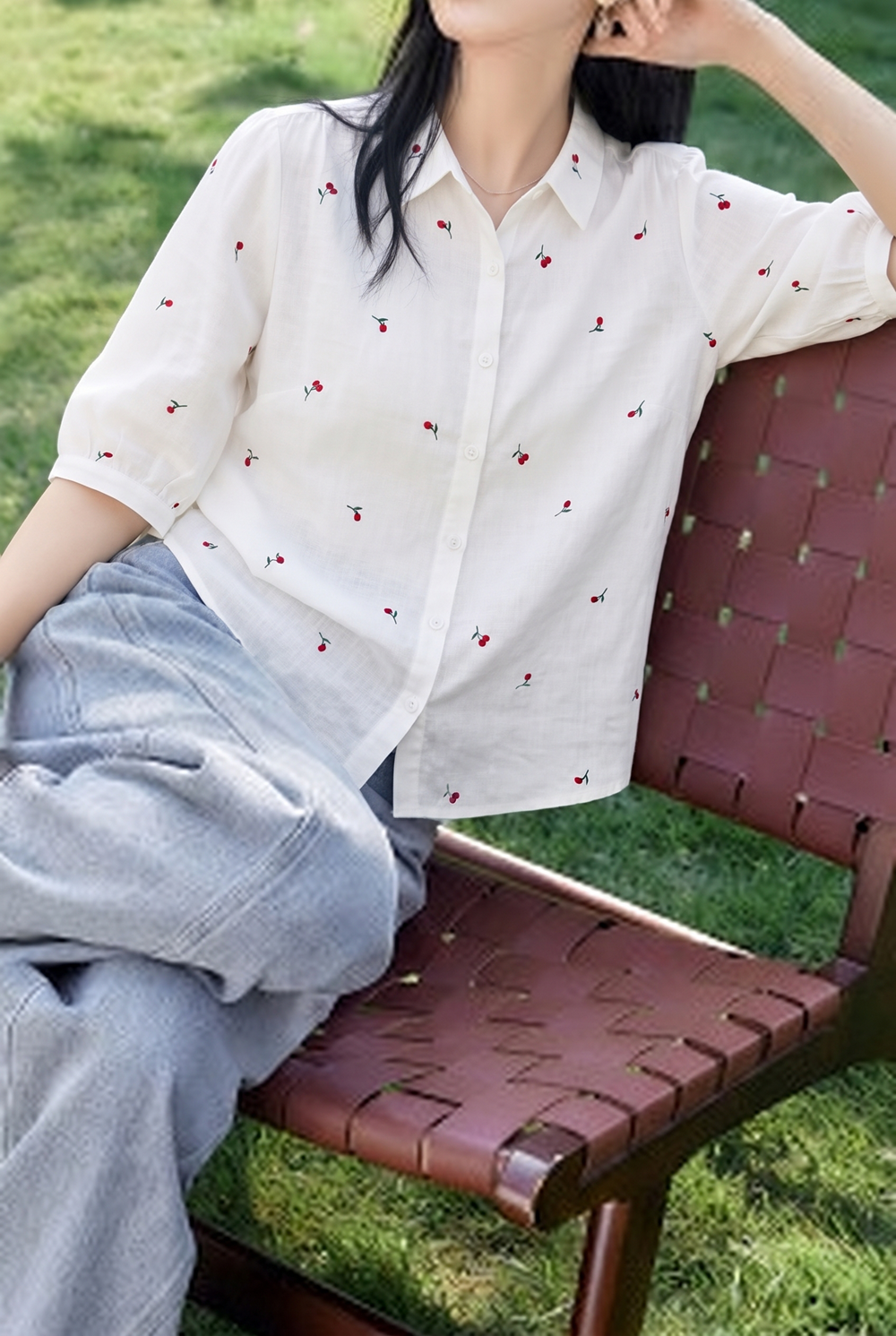 Casual Embroidered Cherry Short Sleeve Shirt - liwisi