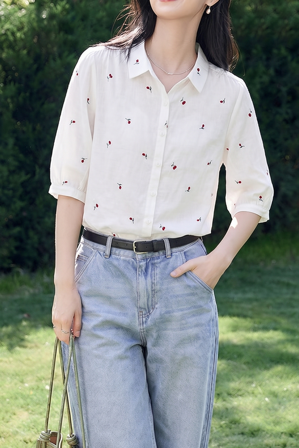 Casual Embroidered Cherry Short Sleeve Shirt - liwisi
