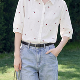 Casual Embroidered Cherry Short Sleeve Shirt - liwisi