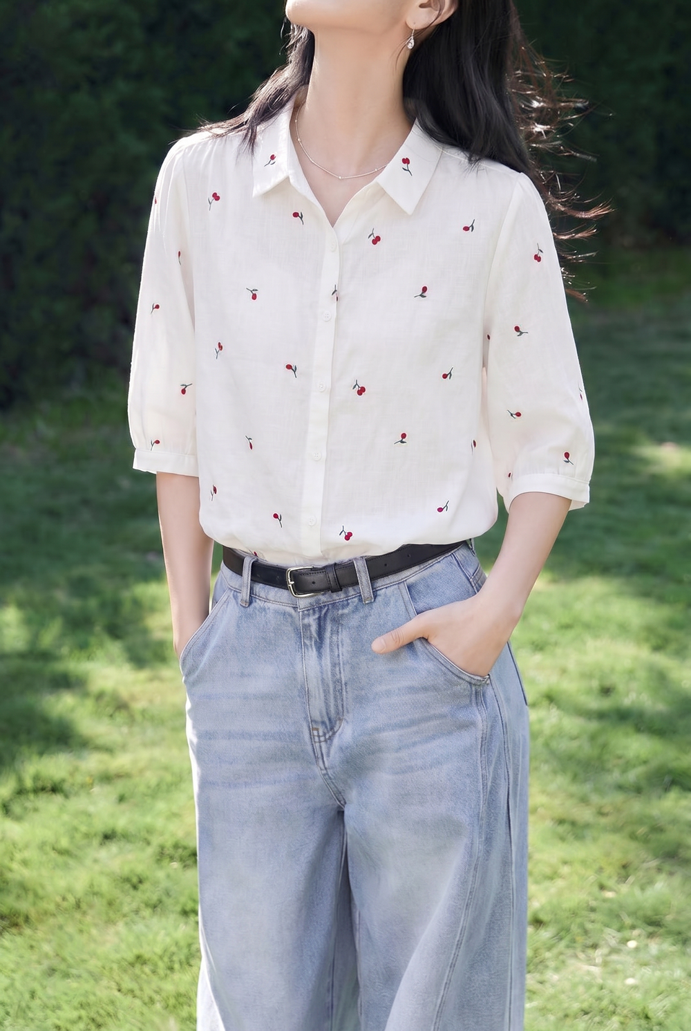 Casual Embroidered Cherry Short Sleeve Shirt - liwisi